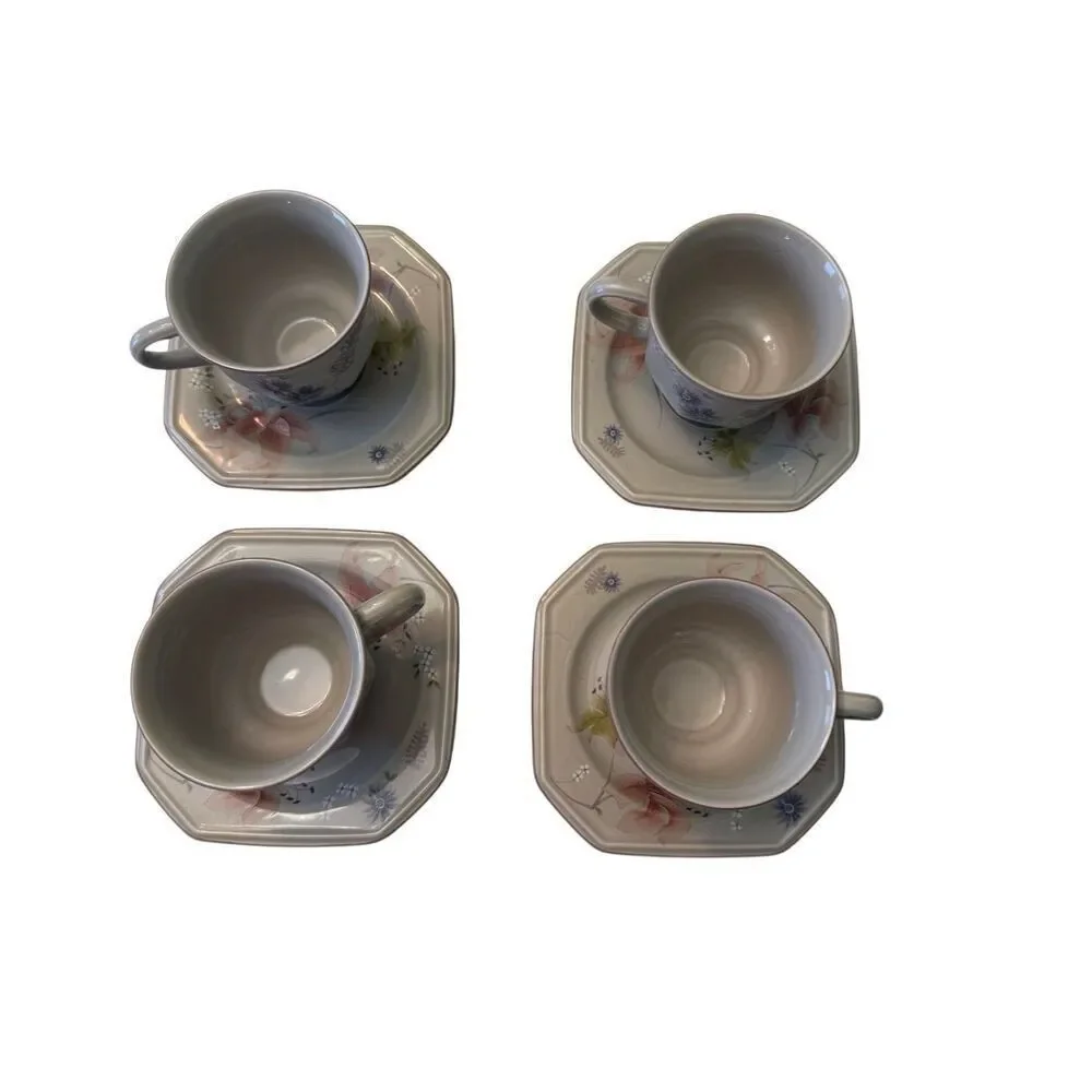 Mikasa Continental Janette Footed Cups and Saucers Lot of 4 Vintage Multi-Floral